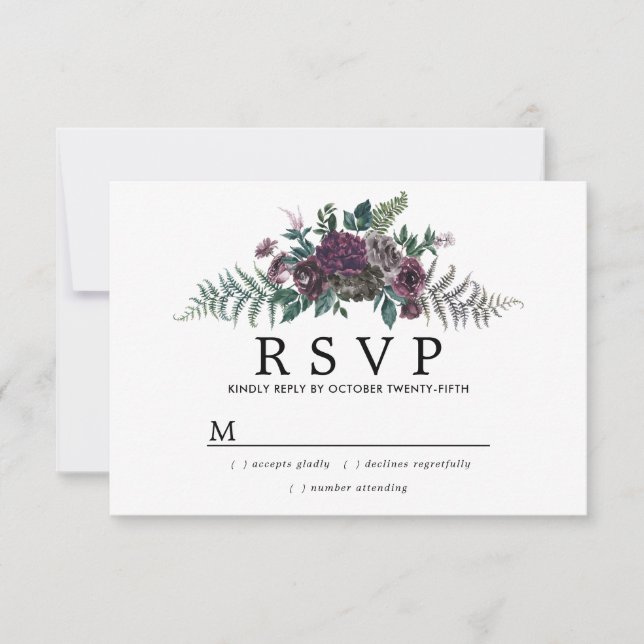 Rustic Burgundy and Pine Botanical Wedding RSVP Card (Front)