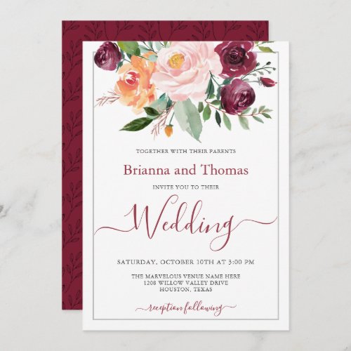 Rustic Burgundy and Pink Floral Bouquet Wedding Invitation