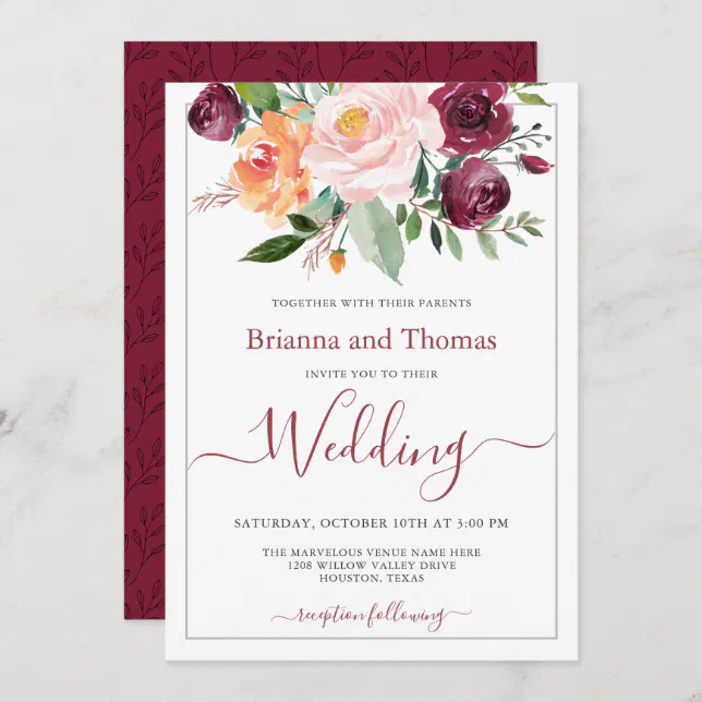 Rustic Burgundy and Pink Floral Bouquet Wedding Invitation | Zazzle