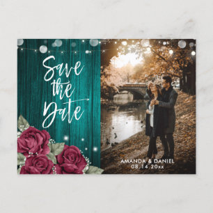Rustic Burgundy and Teal Floral Wedding Photo Announcement Postcard