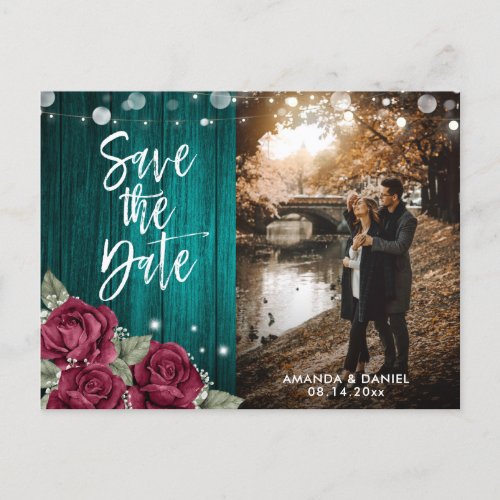 Rustic Burgundy and Teal Floral Wedding Photo Announcement Postcard