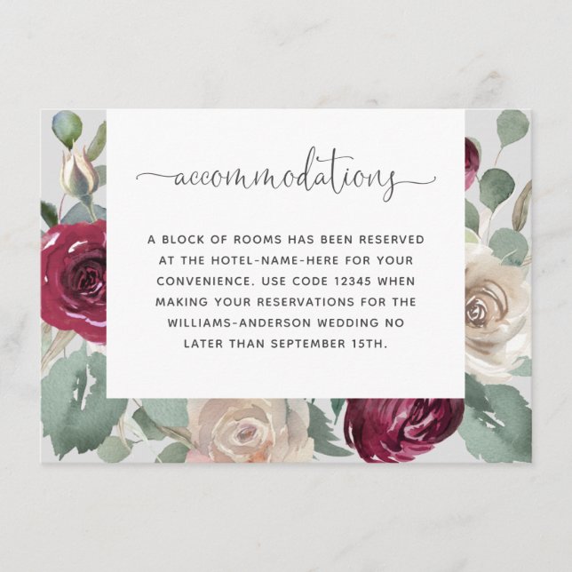 Rustic Burgundy and White Floral Accommodations Enclosure Card (Front)