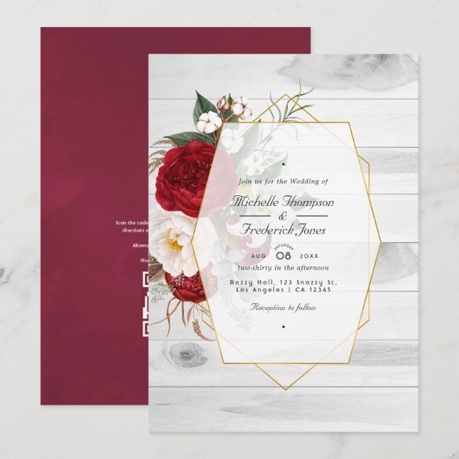 Rustic Burgundy and White Floral Geometric Wedding Invitation (Front/Back)