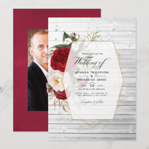 Rustic Burgundy and White Floral Geometric Wedding Invitation