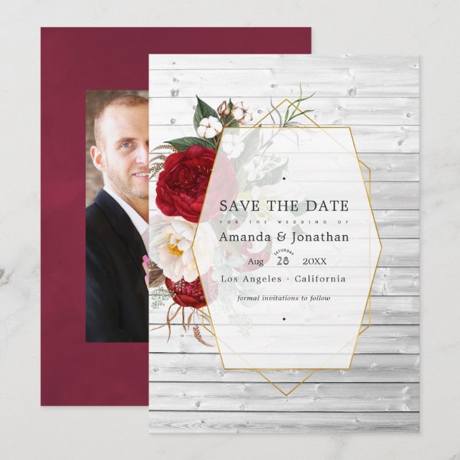 Rustic Burgundy and White Floral Geometric Wedding Save The Date (Front/Back)