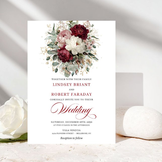Rustic Burgundy and White Flowers Wedding Invite (Rustic Burgundy and White Flowers Wedding Invitation)