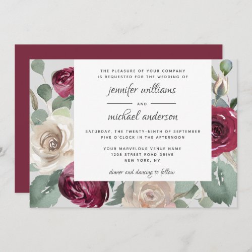 Rustic Burgundy and White Roses Watercolor Wedding Invitation