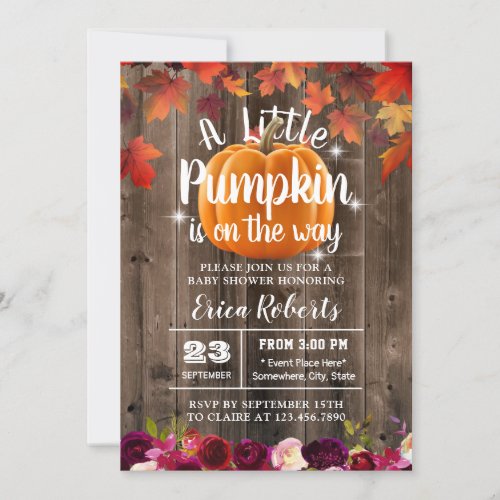 Rustic Burgundy Autumn Little Pumpkin Baby Shower Invitation