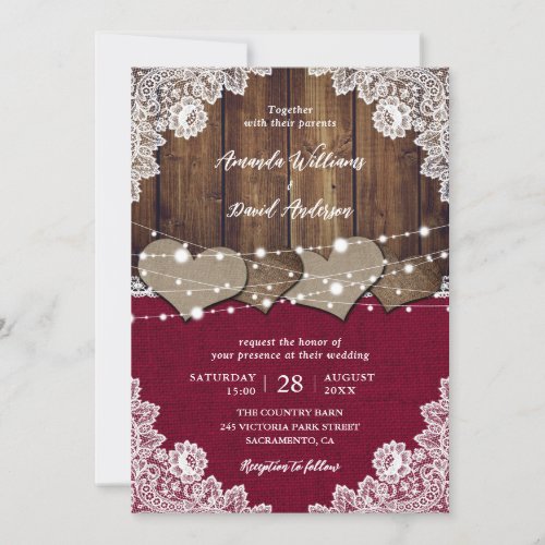 Rustic Burgundy Barn Wood Burlap Lace Wedding Invitation