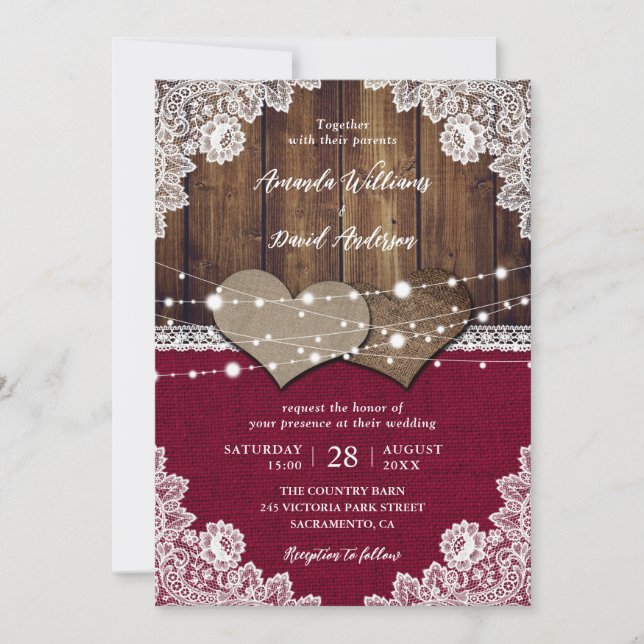 Rustic Burgundy Barn Wood Burlap Lace Wedding Invitation (Front)