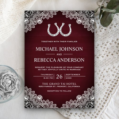 Rustic Burgundy Barn Wood Horseshoe Lace Wedding Invitation