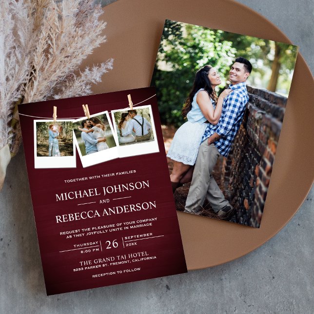 Rustic Burgundy Barn Wood Photo Collage Wedding Invitation (Creator Uploaded)