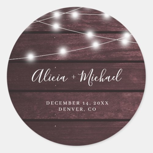 Rustic burgundy barn wood string lights wedding classic round sticker