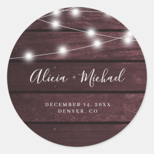 Rustic burgundy barn wood string lights wedding classic round sticker