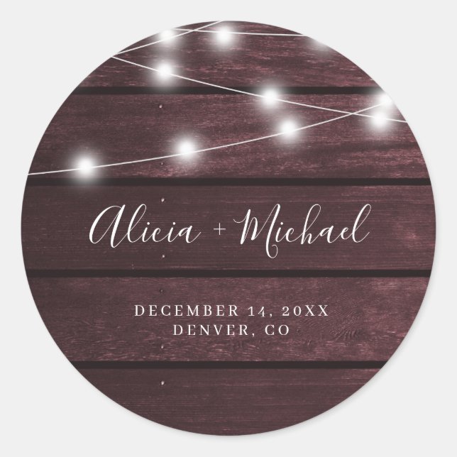 Rustic burgundy barn wood string lights wedding classic round sticker (Front)