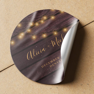 Rustic burgundy barn wood string lights wedding classic round sticker