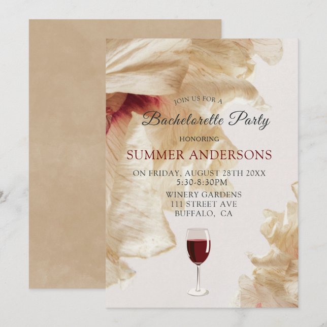 Rustic Burgundy Beige Anemone Bachelorette Party Invitation (Front/Back)