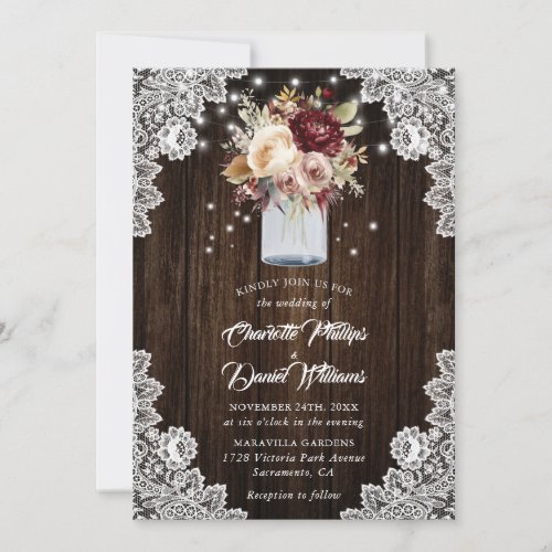 Rustic Burgundy Beige Floral Mason Jar Wedding Invitation