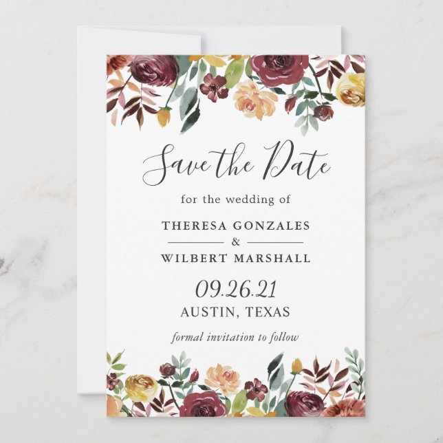 Rustic Burgundy Bloom Floral Save The Date Card (Front)