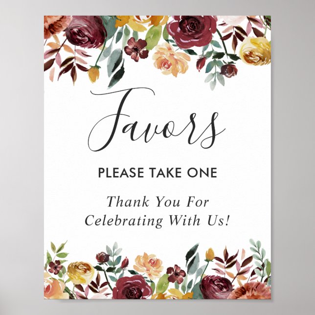 Rustic Burgundy Bloom Floral Wedding Favors Sign (Front)