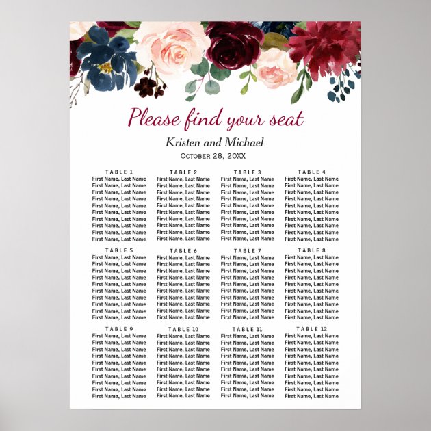 Rustic Burgundy Bloom Floral Wedding Seating Chart