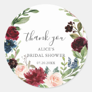 Rustic Burgundy Blue Boho Floral Bridal Shower Classic Round Sticker