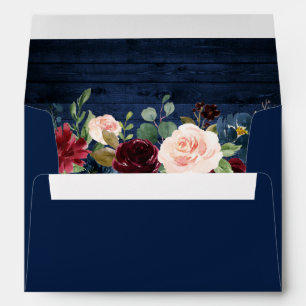 Rustic Burgundy Blue Floral Blue Wood Invitation Envelope