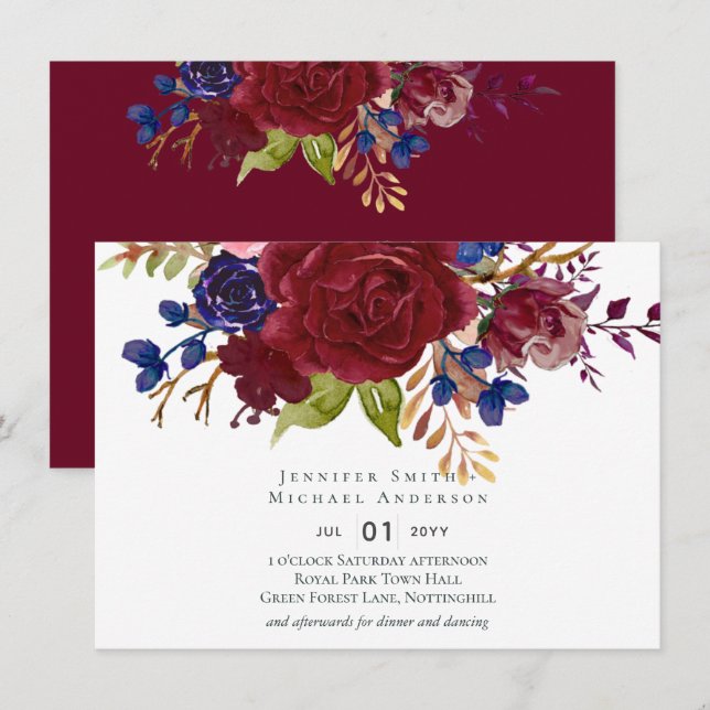 Rustic Burgundy Blue Floral Budget Wedding Invites (Front/Back)