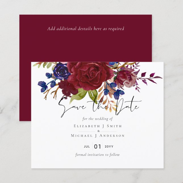 Rustic Burgundy Blue Floral Budget Wedding Invites (Front/Back)