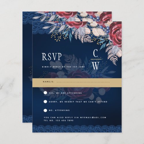 Rustic Burgundy Blue Floral Lace Wedding RSVP