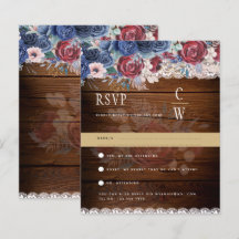 Rustic Burgundy Blue Floral Lace Wedding RSVP