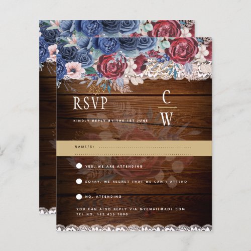 Rustic Burgundy Blue Floral Lace Wedding RSVP