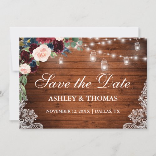 Rustic Burgundy Blue Floral Lights Lace Wood Save The Date