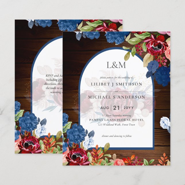 Rustic Burgundy Blue Floral Wedding (Front/Back)