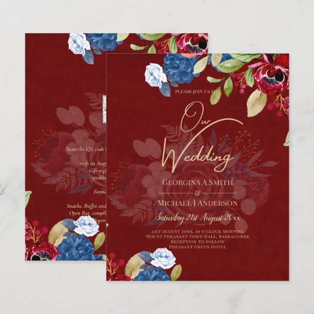 Rustic Burgundy Blue Floral Wedding (Front/Back)