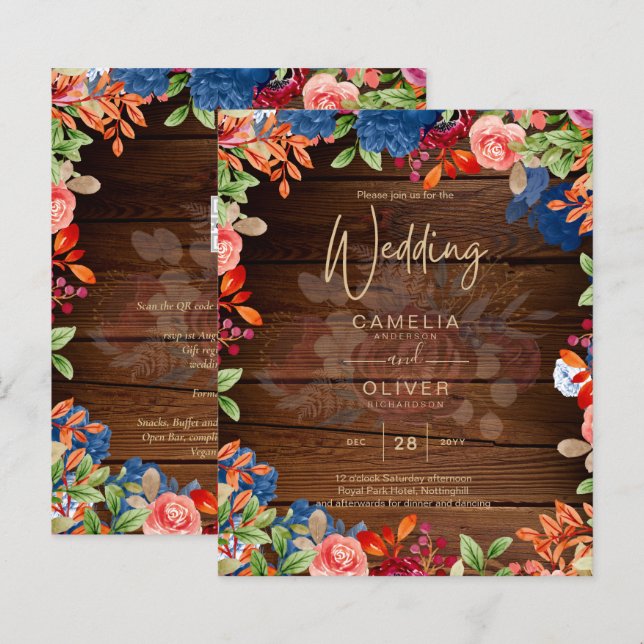 Rustic Burgundy Blue Floral Wedding (Front/Back)