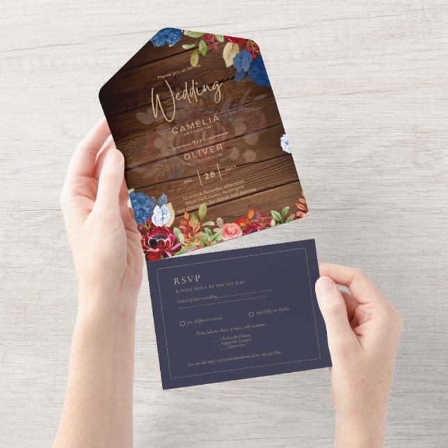 Rustic Burgundy Blue Floral Wedding All In One Invitation (Tearaway)