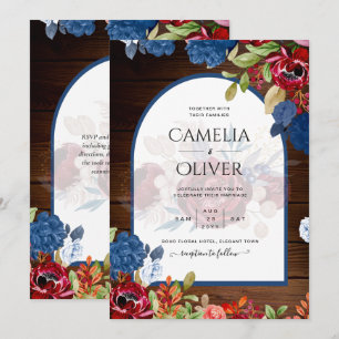 Rustic Burgundy Blue Floral Wedding Invitation
