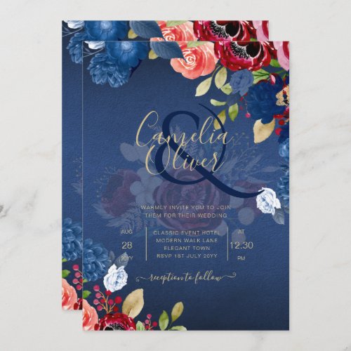 Rustic Burgundy Blue Floral Wedding Invitation