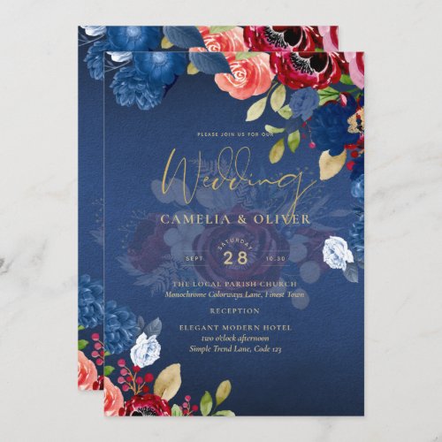 Rustic Burgundy Blue Floral Wedding Invitation