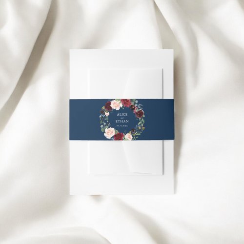 Rustic Burgundy Blue Floral Wedding Invitation Belly Band