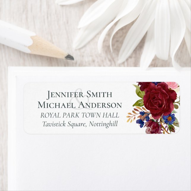 Rustic Burgundy Blue Floral Wedding Label (Insitu)