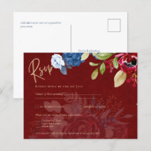 Rustic Burgundy Blue Floral Wedding RSVP