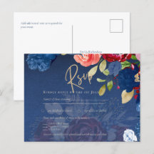 Rustic Burgundy Blue Floral Wedding RSVP