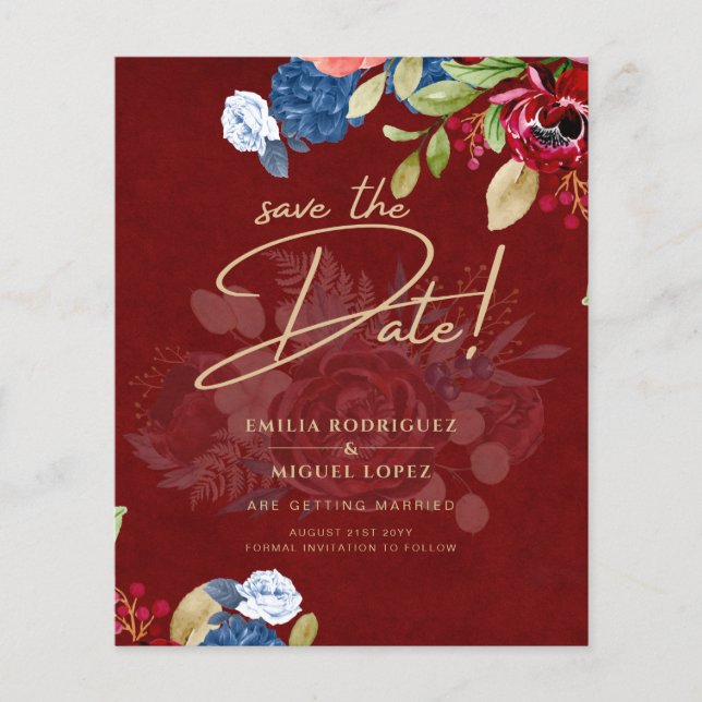 Rustic Burgundy Blue Floral Wedding SAVE THE DATE Flyer (Front)