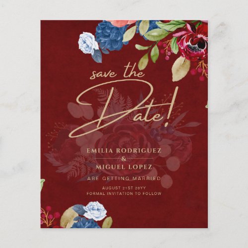 Rustic Burgundy Blue Floral Wedding SAVE THE DATE Flyer