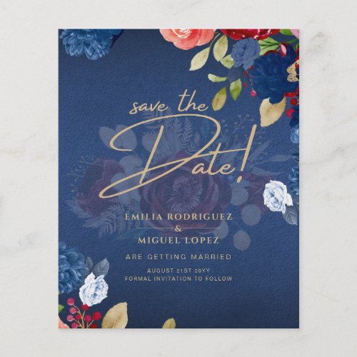 Rustic Burgundy Blue Floral Wedding SAVE THE DATE Flyer