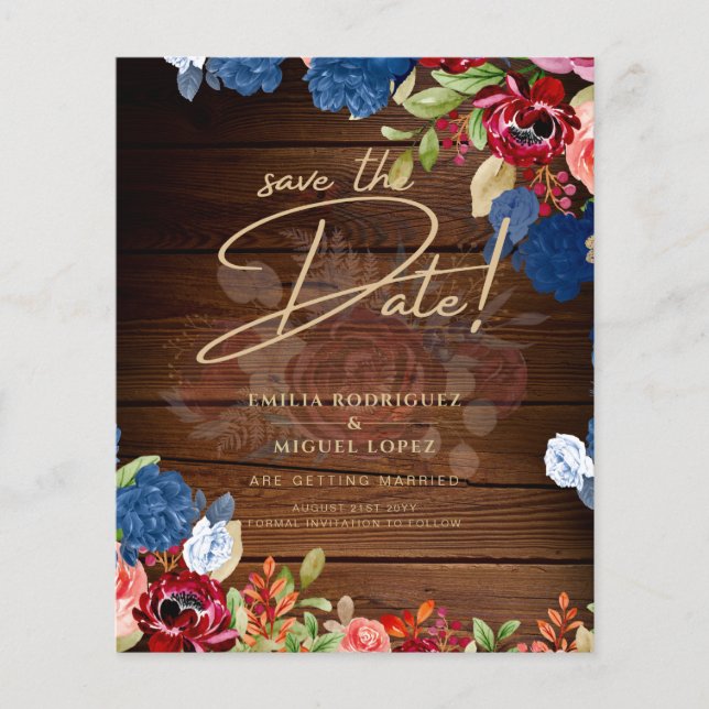 Rustic Burgundy Blue Floral Wedding SAVE THE DATE Flyer (Front)