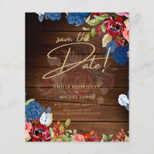 Rustic Burgundy Blue Floral Wedding SAVE THE DATE Flyer
