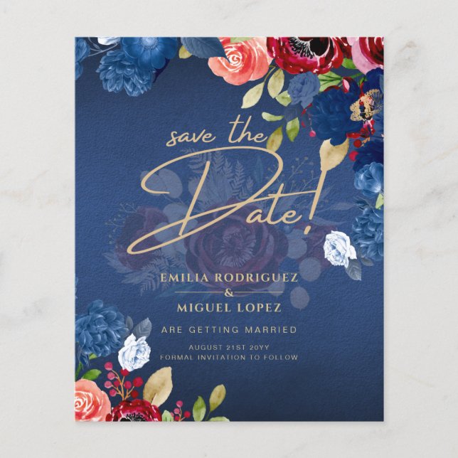 Rustic Burgundy Blue Floral Wedding SAVE THE DATE Flyer (Front)